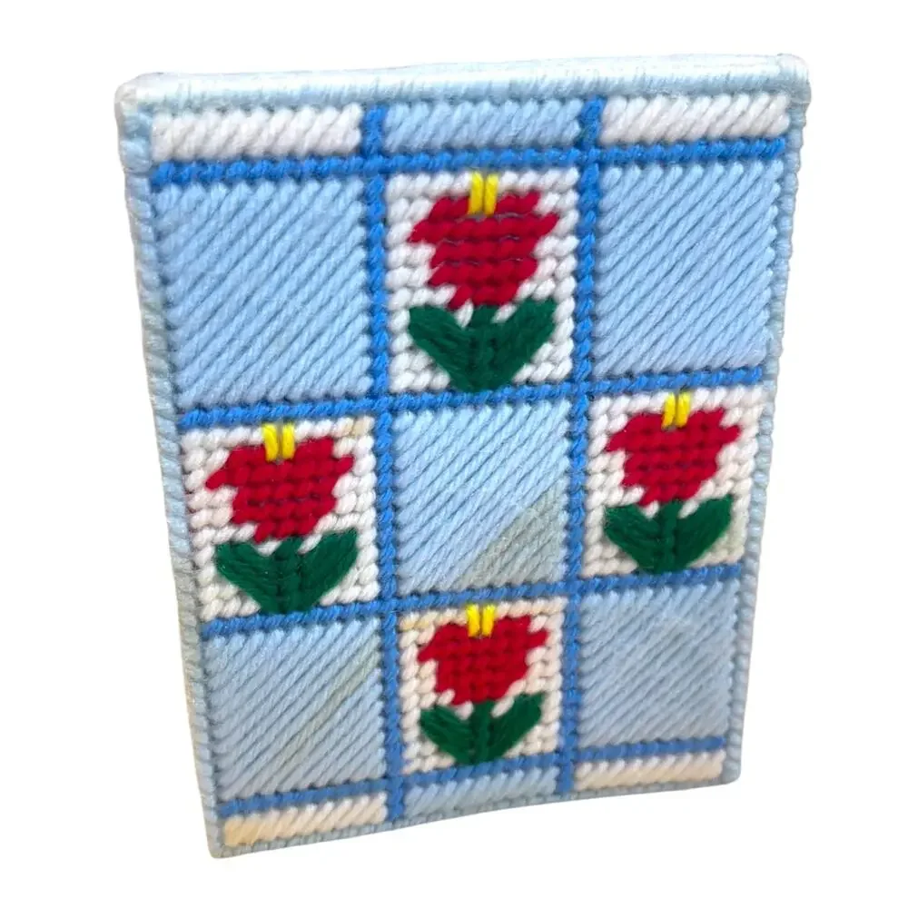 Vintage Handmade Yarn Tissue Box Cover Blue Floral Plastic Canvas Needlepoint